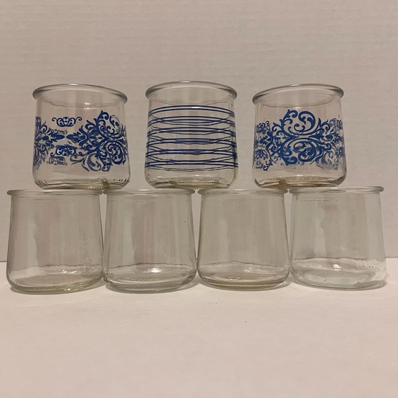 🌀 8 glass yogurt jars empty 3 Oui blue EUC DIY 5 clear lot craft bundle - Picture 1 of 16
